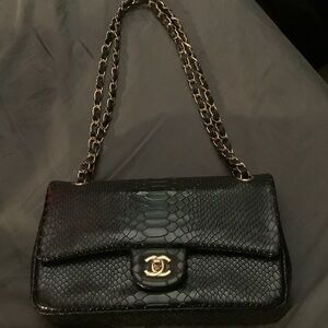 CHANEL Black Python Shoulder Bag with Gold Chain